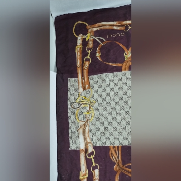 Gucci Silk Luggage Leather Strap & GG Logo Large Wrap Scarf Gray Burgund… - Picture 8 of 14